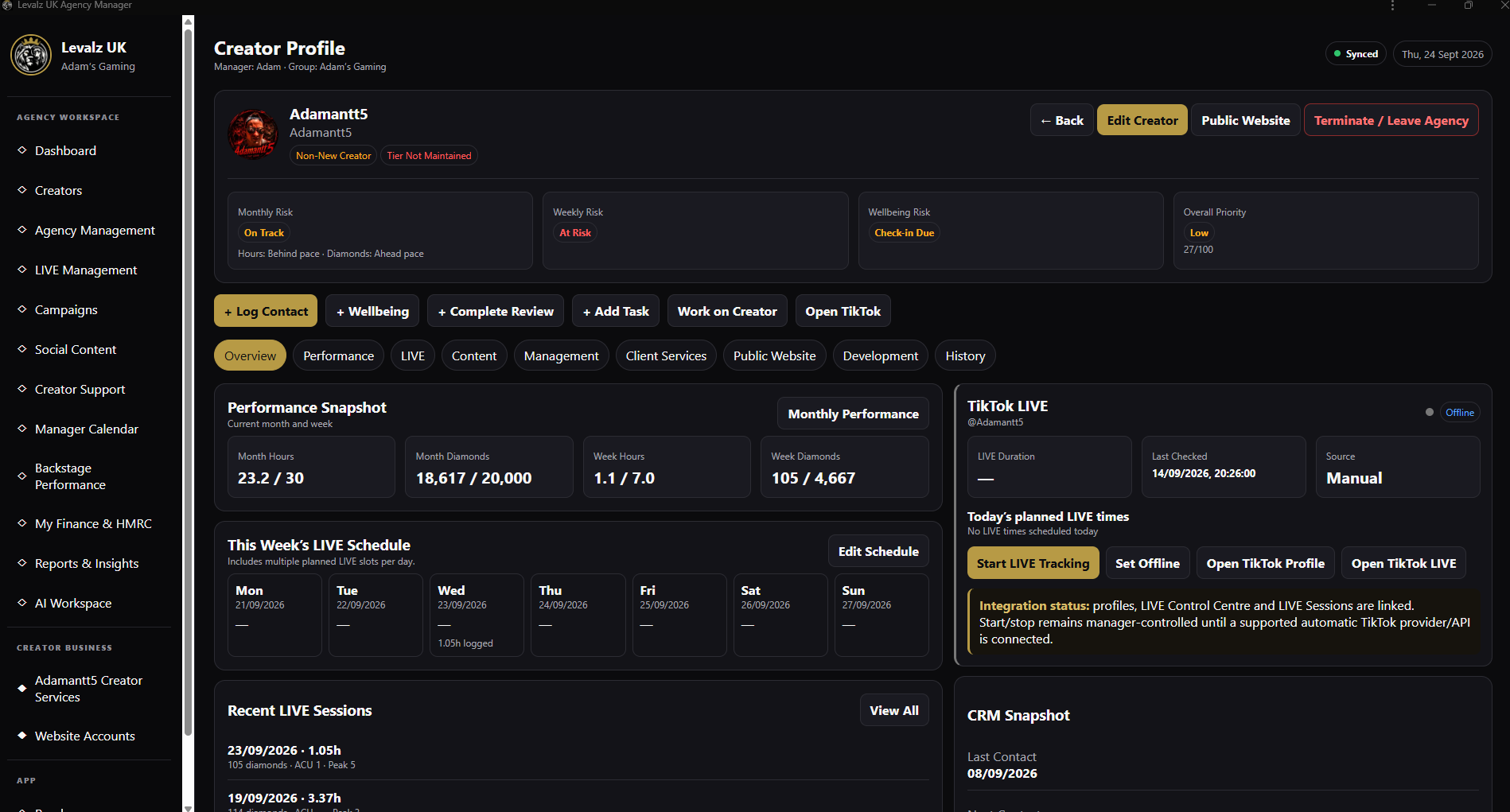Adamantt5 creator profile inside the private Levalz UK management system